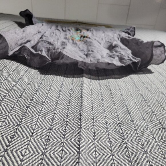 THML Scrunch Off The Shoulder Gray With Brown & Teal Embroidery Aztec Design Top - Picture 4 of 10